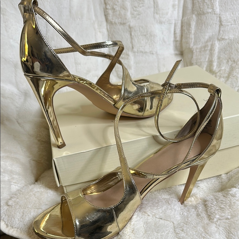 Bleecker and Bond Maris Gold Metallic Heels with Strappy Design